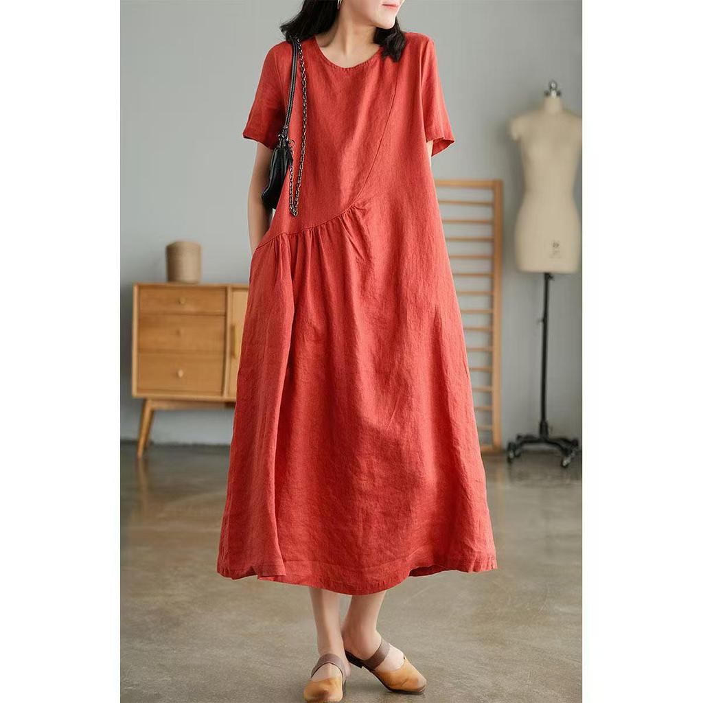 Japanese Women's Loose-Fit Cotton & Linen Irregular Hem Dress