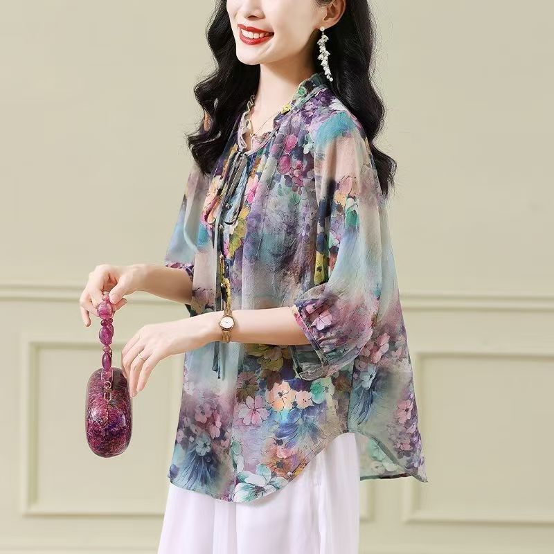 Large Size Chiffon Women's Summer Floral High-end Retro Loose Top
