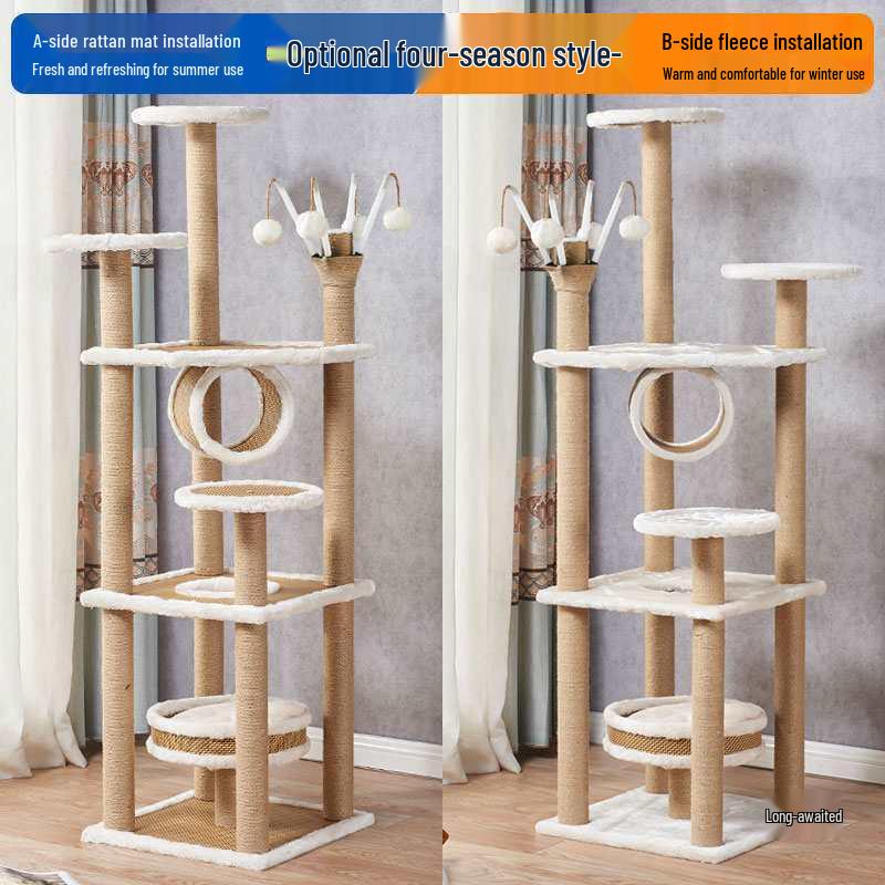Multifunctional Rattan Cat Tree with Sisal Posts, Velvet Mats, Climbing Platform, Scratch Boards, and Cozy Nest for All Seasons