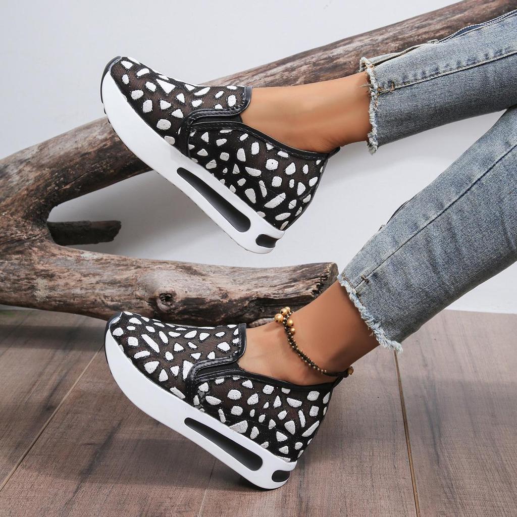 Women's Korean Style Breathable Mesh White Slip-On Mid-Heel Platform Casual Shoes