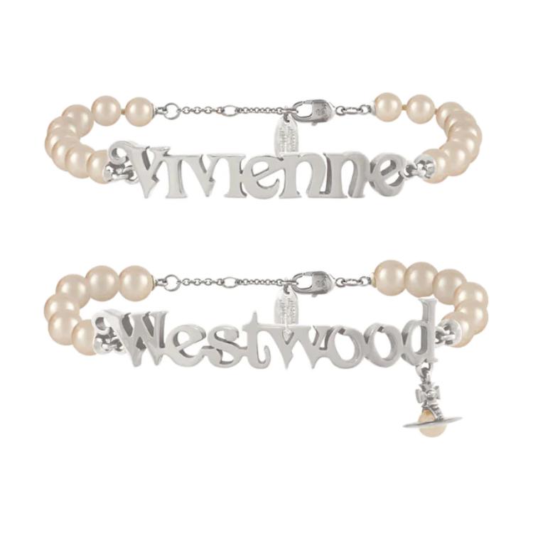 Vivienne Westwood Women's Silver Amelia Saturn Font Pendant Design Pearl Double Bracelet Pair Bracelets 8053195262830