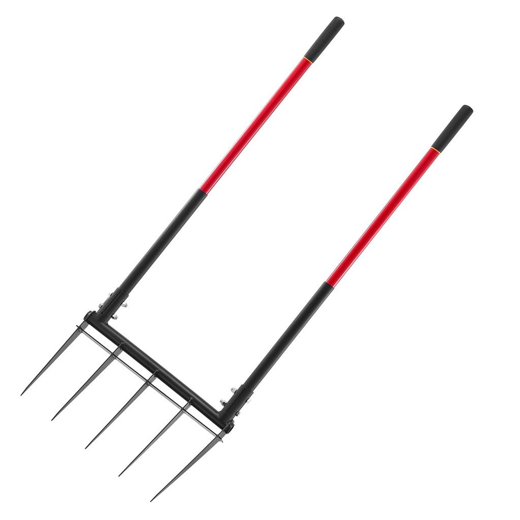 VEVOR Broad Fork, 5-Tine Pitchfork with Dual Fiberglass Handles, Heavy Duty Garden Fork , Ergonomic U-Shaped Design Broadfork Hand Tiller