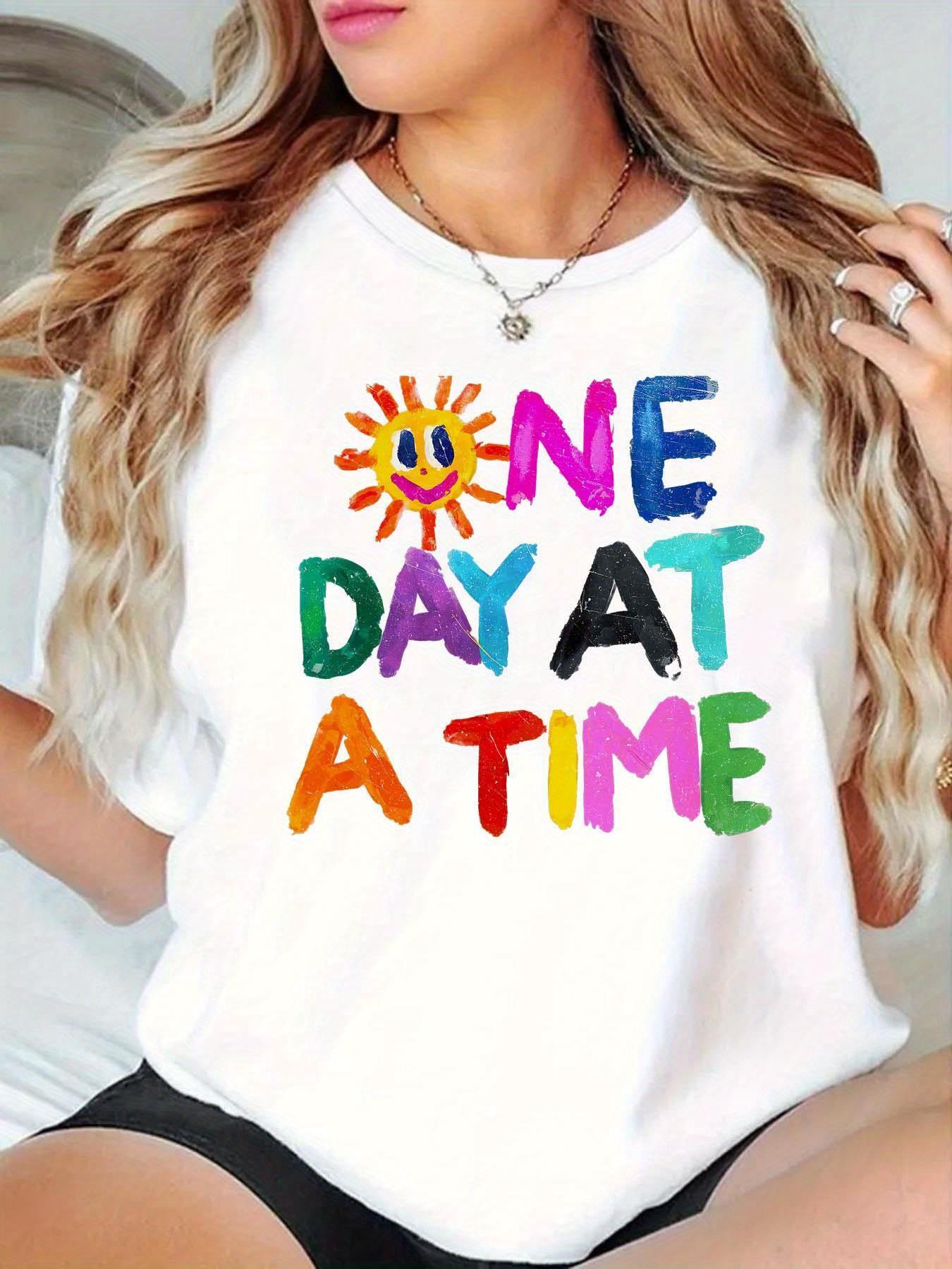 

WomenS Casual TShirt with One Day At A Time Colorful Geometric Print Harajuku Short Sleeve Casual Aesthetic Clothes 4XL