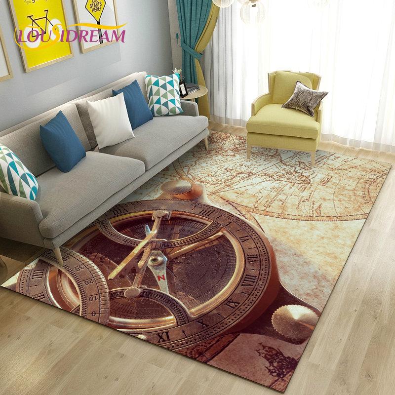 Alfombra retro con diseño de mapa del mundo vintage y brújula, para sala de estar, dormitorio, sofá, decoración, alfombra antideslizante para el suelo