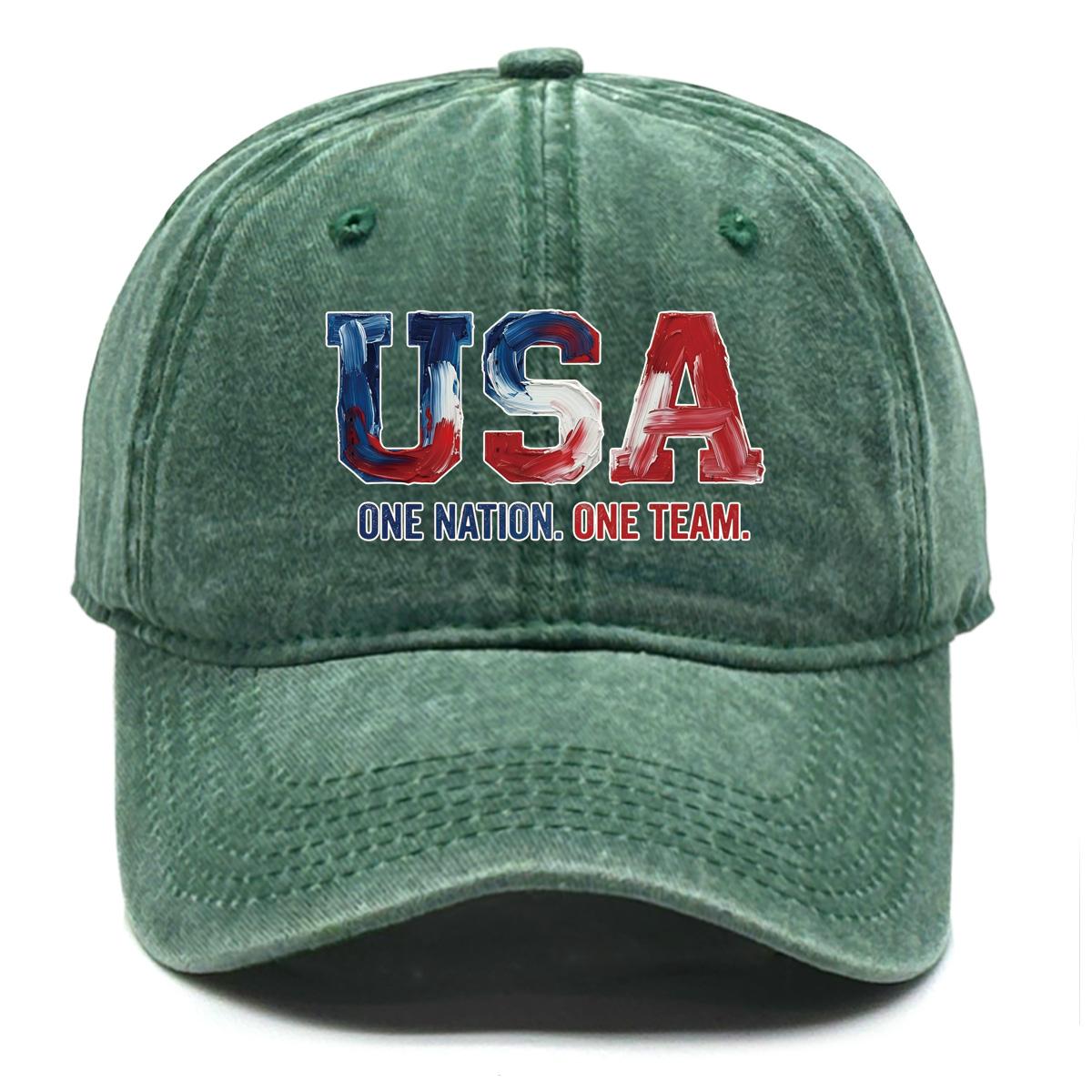 

USA ONE NATION ONE TEAM Flag Printed Snapback Baseball Cap , Adjustable Sun Hat Unisex Vintage Trendy Distressed Flat Cap as the picture зелёный