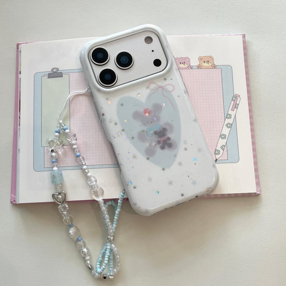 Korean wind ins little fresh stars cute blue love bear apple 13 atmosphere mobile phone case 16pro new iphone17promax with chain 15 double 14p
