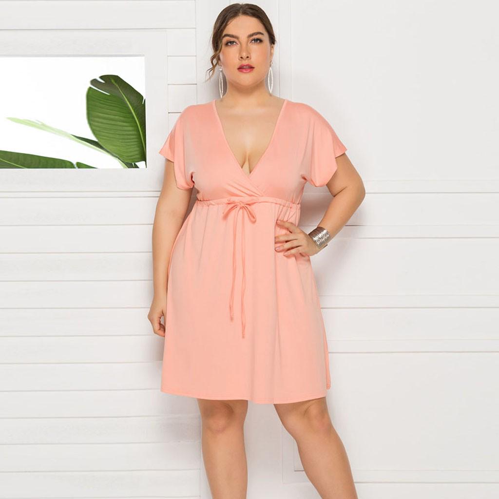 

(SU)Женское сексуальное однотонное платье больших размеров с коротким рукавом и глубоким v-образным вырезом