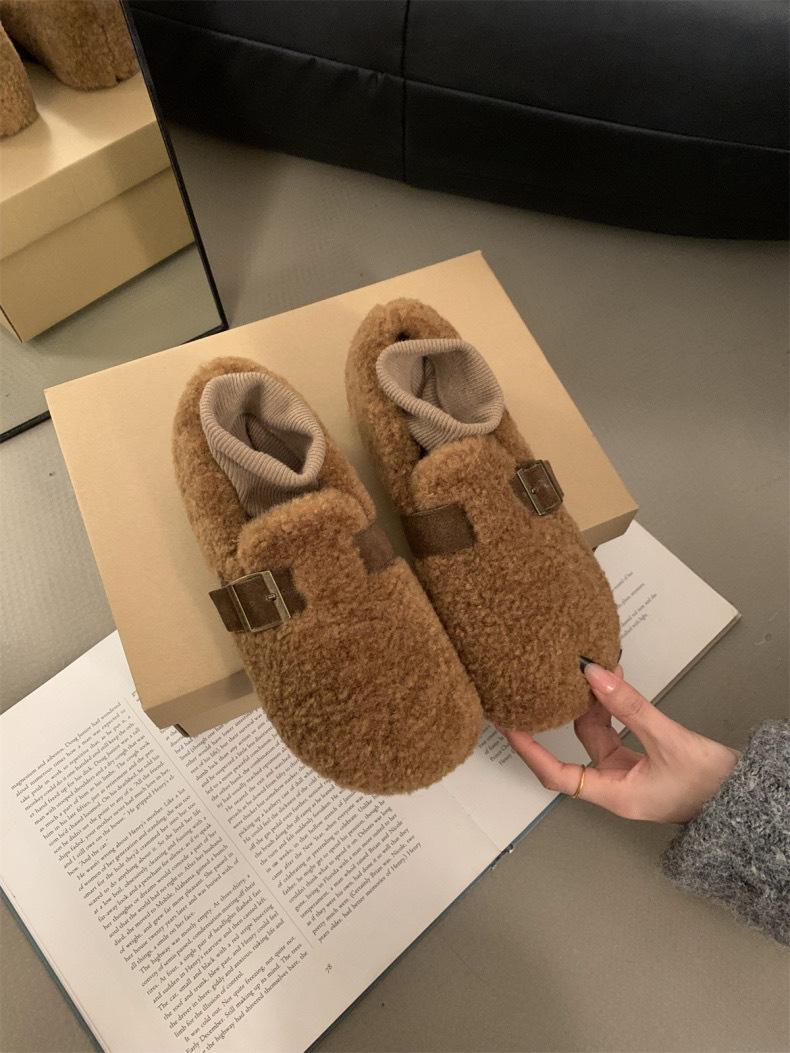 

Интернет знаменитости внутренняя высота увеличение пух перетаскивание флис одиночные туфли женщины 2024 осень и зима новая мягкая подошва корейская версия Doudou sho 35 хаки