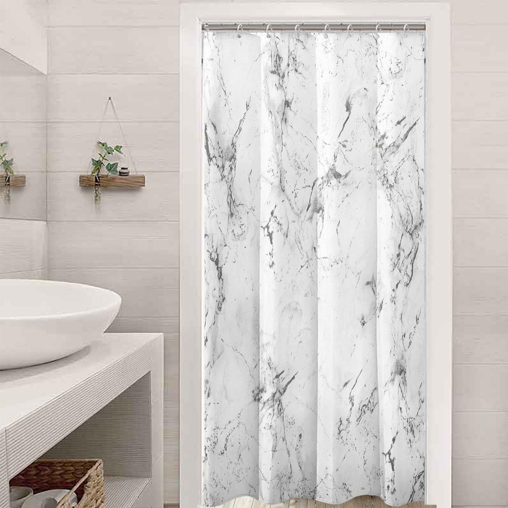 Elegant White Marble Print Shower Curtain with Hooks Polyester Minimalist Bathroom Decor Machine Washable