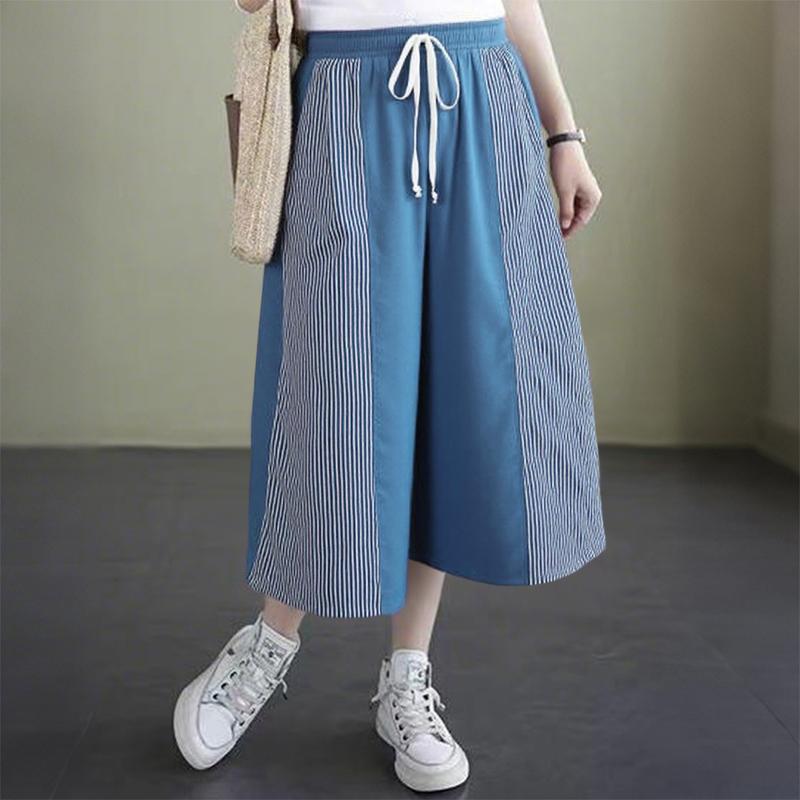 ZANZEA Women Casual Elastic Waist Loose Stripe Splice Capri Pants