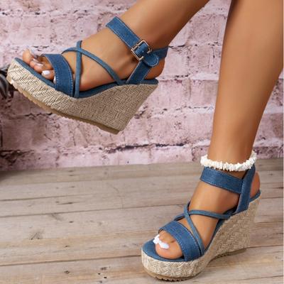 Mode FHC 2024 Neue Denim Keilsandalen,Damen High Heels Sommerschuhe,Überkreuzte Riemen,Knöchelschnalle,Dicker Boden,Blau,36-42,Dropship