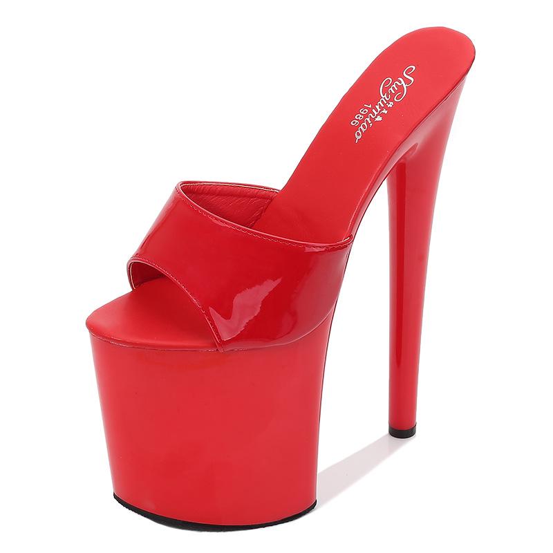 Damen Sommer 20cm Super High Stiletto Heels - Lackleder Sexy Wasserdichte Plateau-Slipper 38 rot