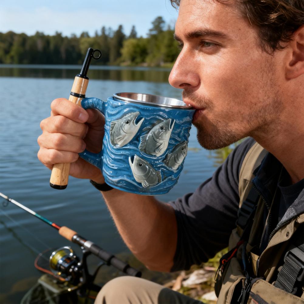 Edelstahl Keramiktasse Angelgriff Kaffeetasse Einzigartige Angelgriff Tasse für Angler Papa Tee Kaffee