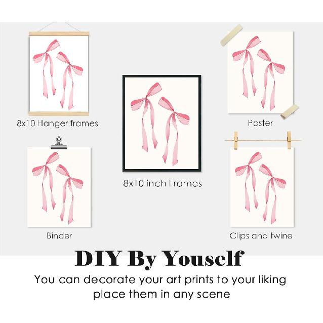 ULEGIE Coquette Pink Bow Preppy Wall Art Decor Set of 4, Coquette Room Decor, Cherry Balloon Dog Preppy Room Decor, Girly Pink Posters Prints for