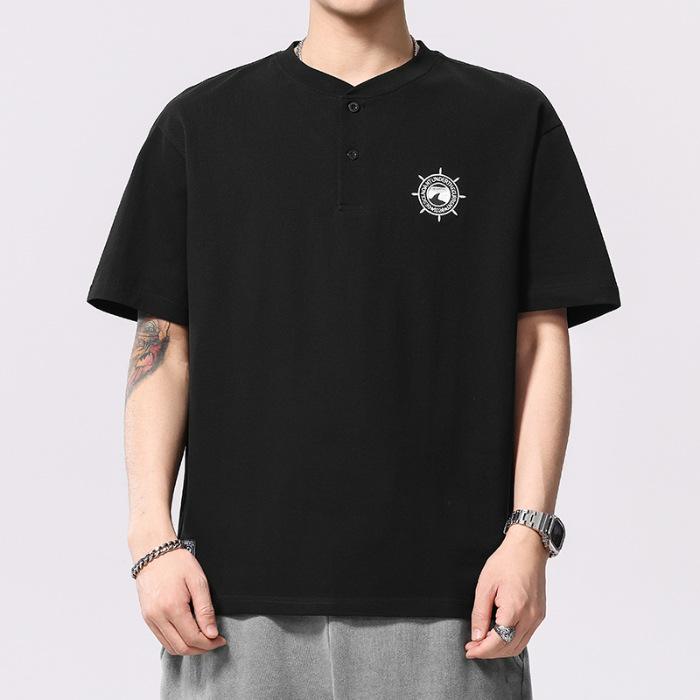 Latest Summer Thin Cotton Henry Neck T-shirt Short Mens Summer Short-sleeved T-shirt 4XL чёрный