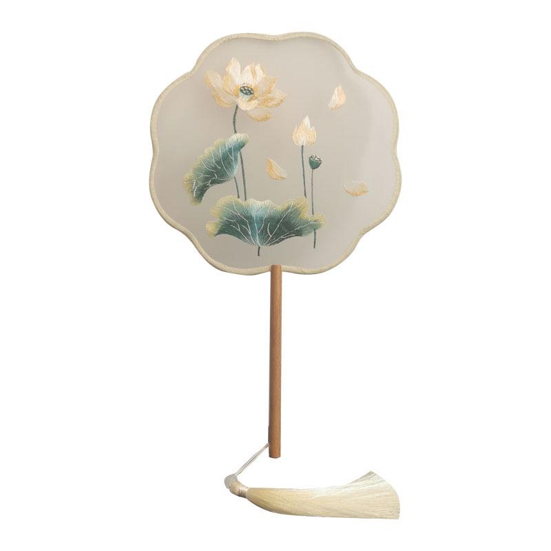 Lingjuan Palace Double-Sided Embroidered Lotus Fan: Beechwood Handle, Classical Chinese Dance Fan