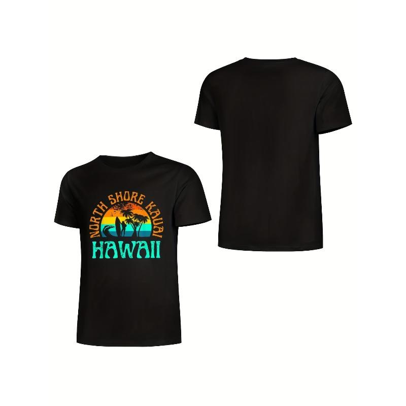 European sizes Men's Hawaiian Surf Graphic T-Shirt -  Black Tee with Tropical Palm Trees & Sunset - Everyday Hawaiian Style,Summer Clothing