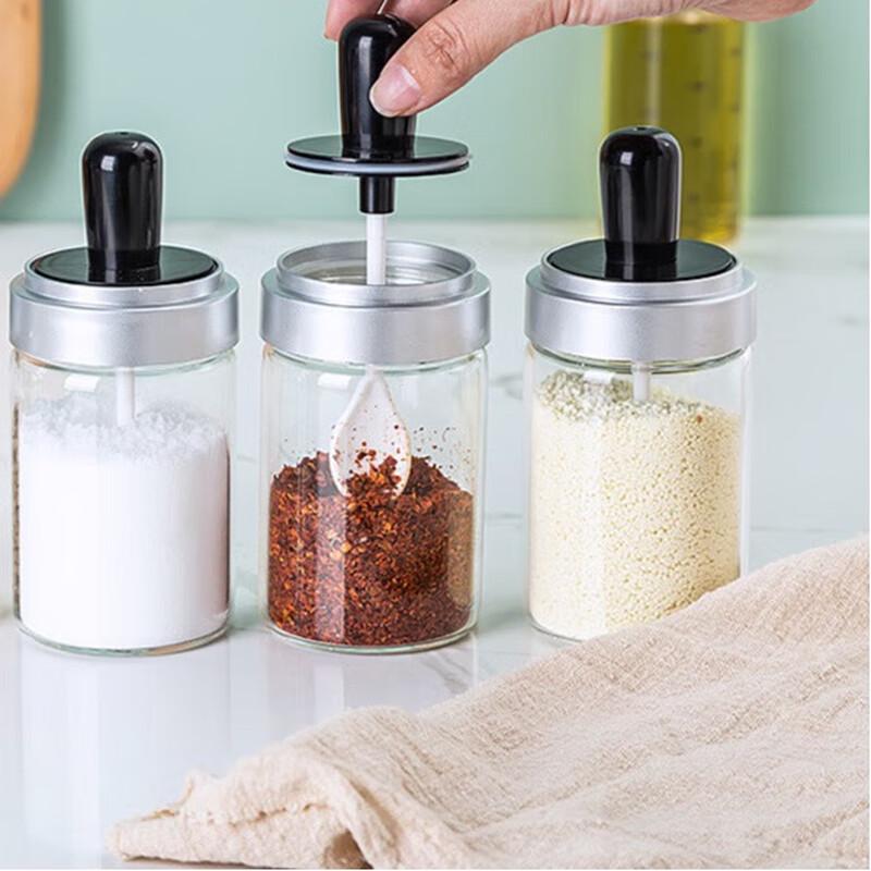 LISM 3-Piece Glass Oil and Seasoning Bottle Set with Integrated Spoon Lids