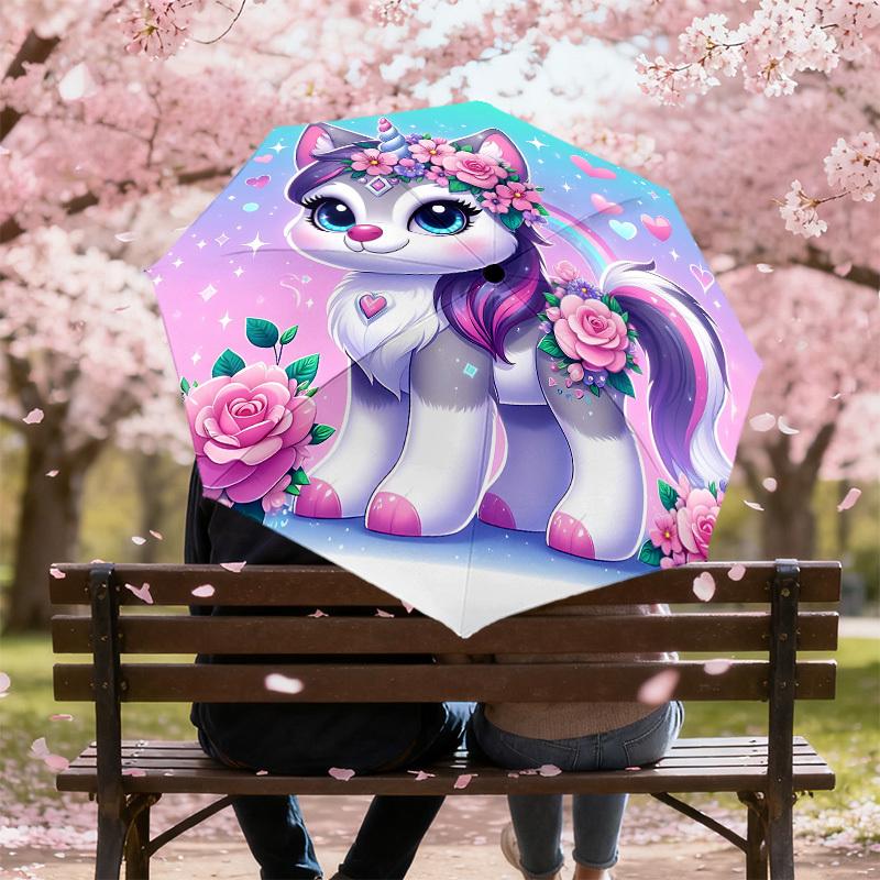 1PC Unicorn Kitty Automatic Open/Close Umbrella with Windproof, 8-Rib Sturdy Canopy, Durable Ribs, Fashionable Design, Outdoor Accessory, Fun Prin, Ho