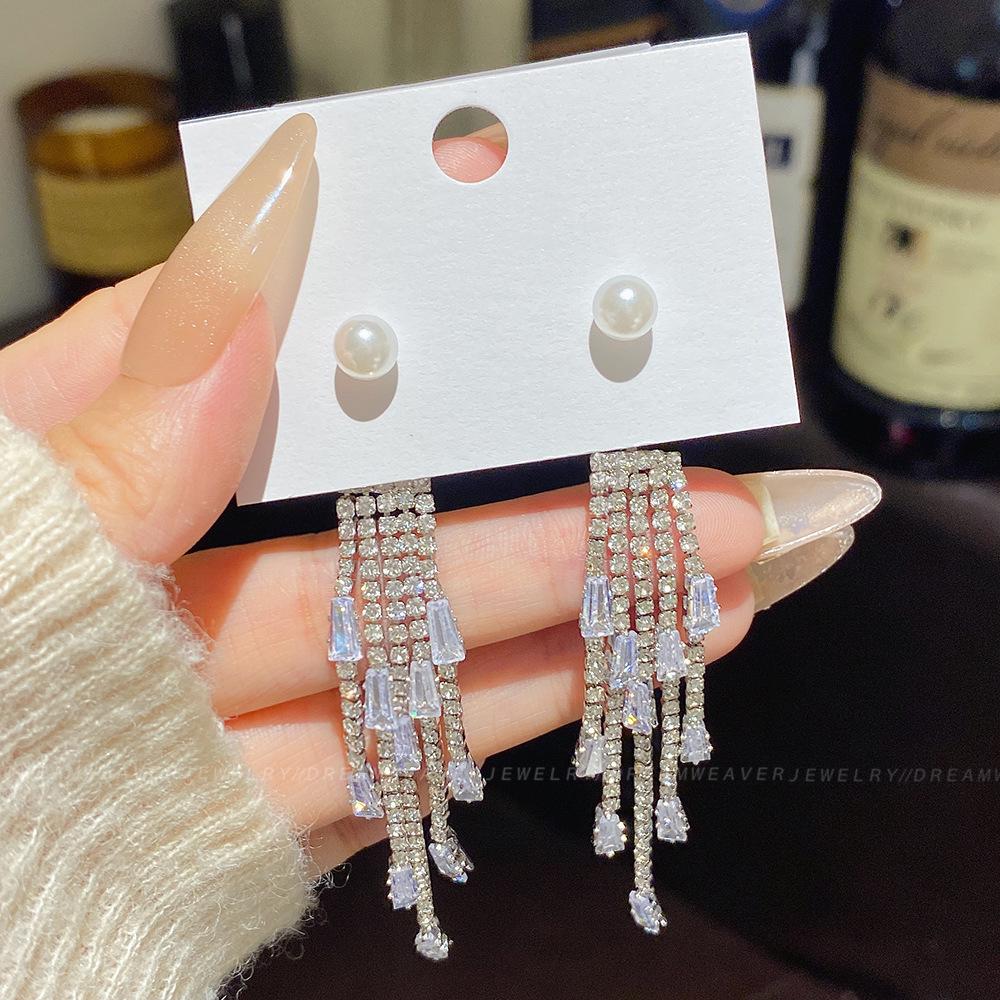 925 Sterling Silver Full Diamond Tassel Earrings – High-End European & American Style, Super Shiny, Luxurious Ear Jewelry for Women.