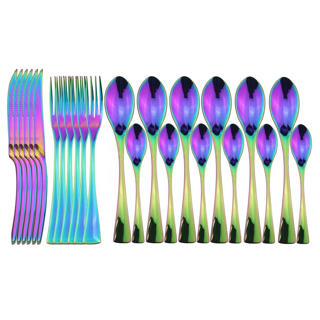 Food Tableware 24Pcs Rainbow Dinnerware 18/10 Stainless Steel Flatware Set Steak Knife Fork Spoon Teaspoon Cutlery Set