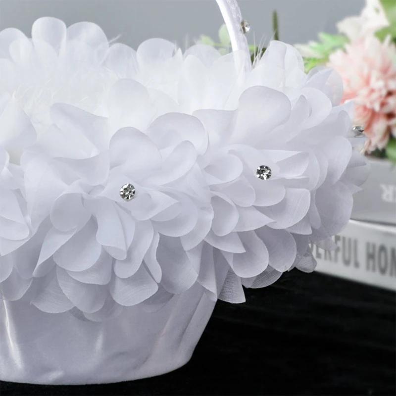 Flower Girl Basket White Small Cloth Baskets with Faux Lace Flowers Decor for Wedding Ceremony Party Desktop Decor