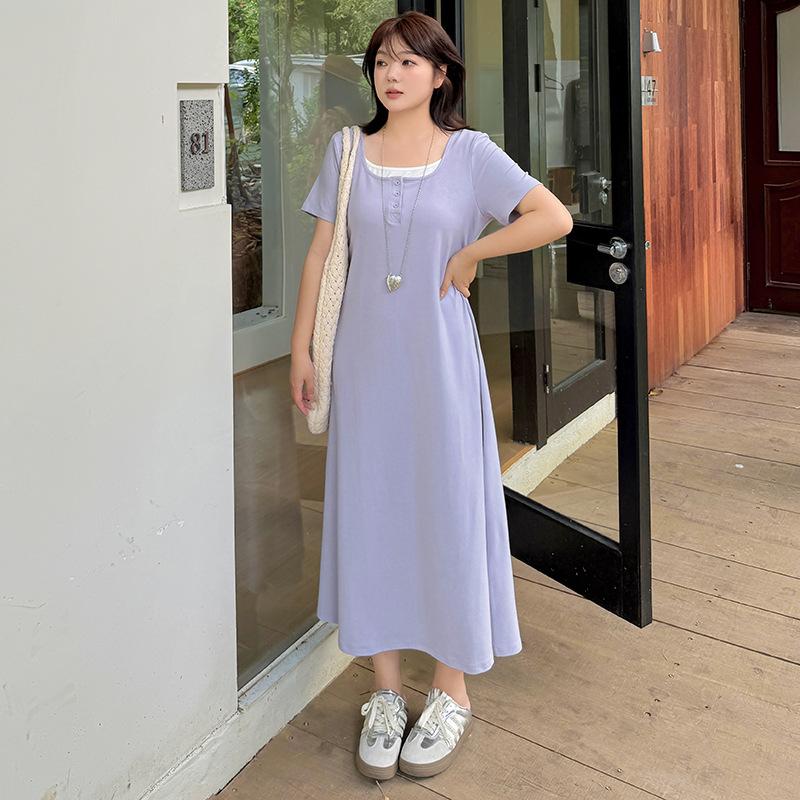 Simple fake two-piece lazy waist dress summer new fat mm pullover commuter medium and long dress 252559