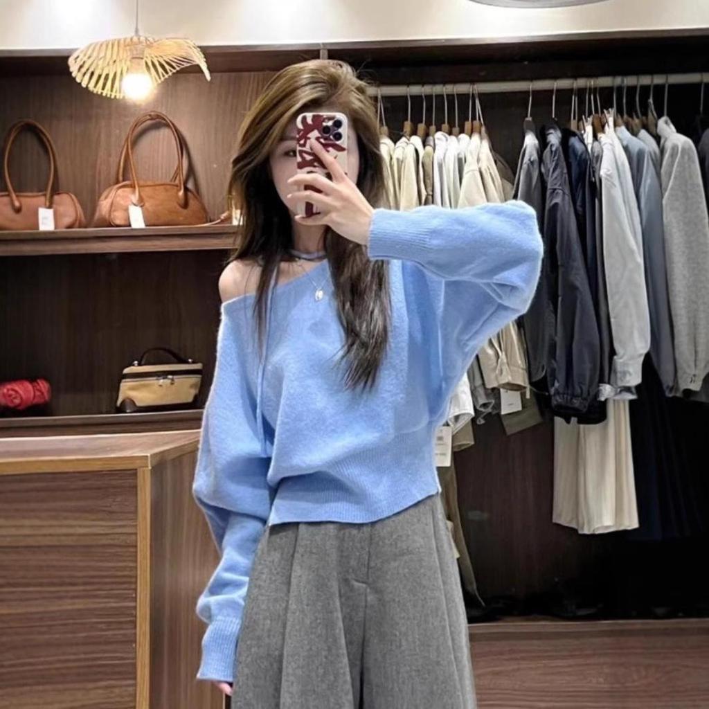 2026 Korean Style Off-Shoulder Knit Sweater for Women - Autumn Winter High-End Solid Color Short Top