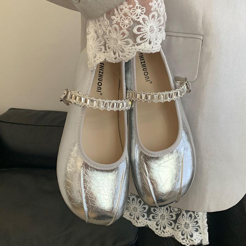 Fashion Luxury Fashion Rhinestones Women Ballet Flats Dance Shoes Round Toe Female Soft Footwear Shallow Ladies Mary Janes Flats Shoes