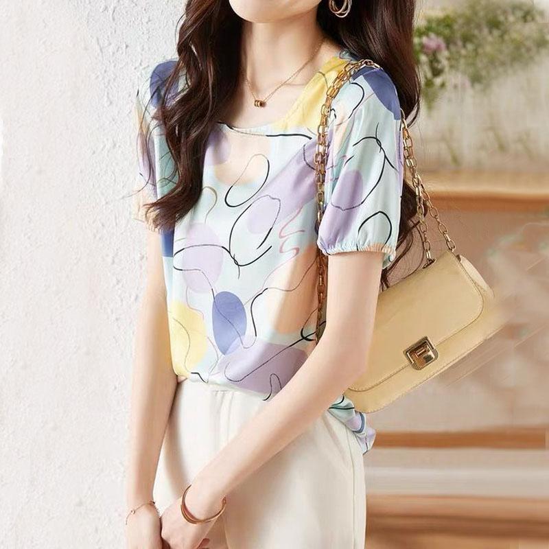 All-match Fashion Geometric Pattern Casual T-shirt Women's Clothing Summer Elegant Ladies Contrasting Colors Short Sleeve Tops