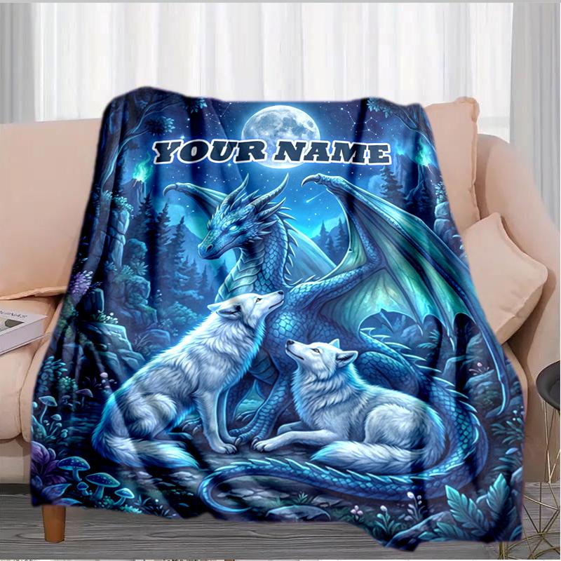 1PC Custom Name "Dragon Wolves Moonlit Forest" blanket versatile,all-season throw suitable for the living room,bedroom,camping,travel,and gift