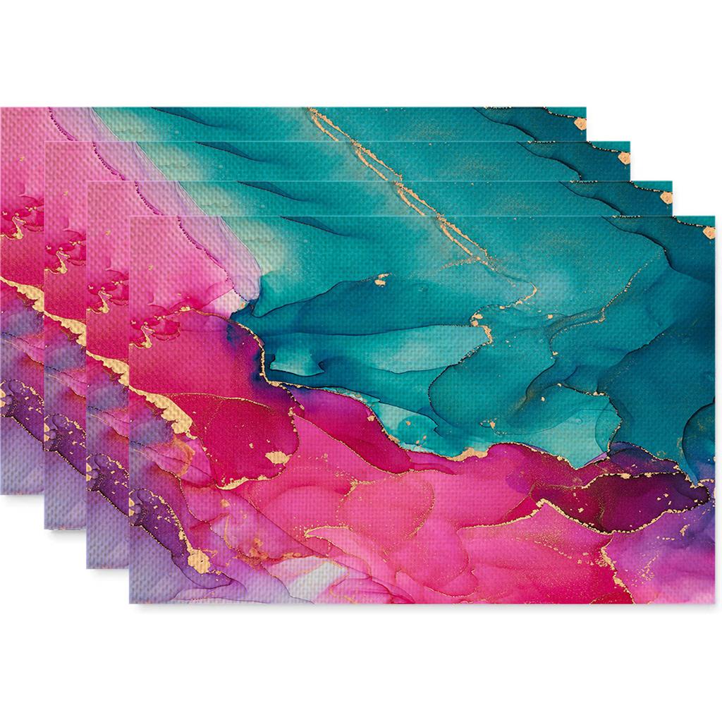 Anti Fouling and Heat-insulating Table Mat 4PC Placemat Watercolor Marble Printed Fabric Linen Placemat  Western Style Placemat