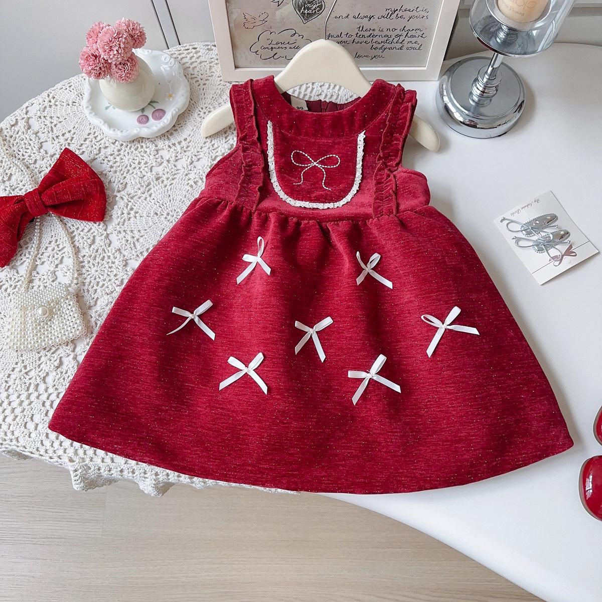 Зимнее бархатное платье с бантом для девочек - AWB106 100 cm