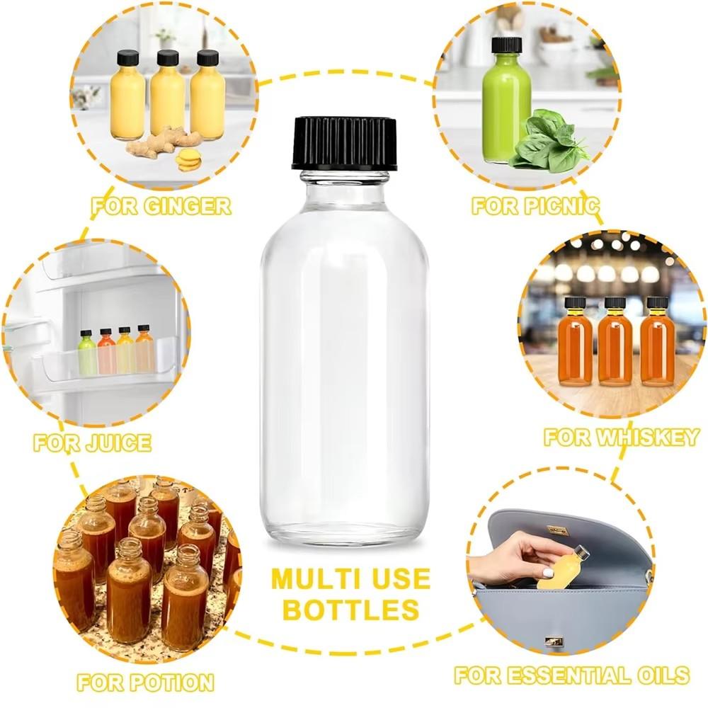 2oz Small Glass Bottles with Lids & Brush, 60ml Mini Boston Round Sample Bottle for Juice Ginger Shot Oils Potion Whiskey Liquid