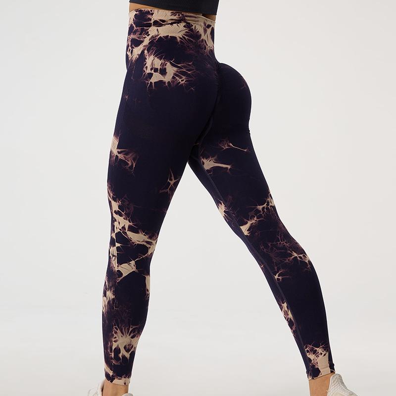 Summer seamless tie bleaching peach hip yoga pants high waist belly fitness pants women's running sports tight trousers wholesale