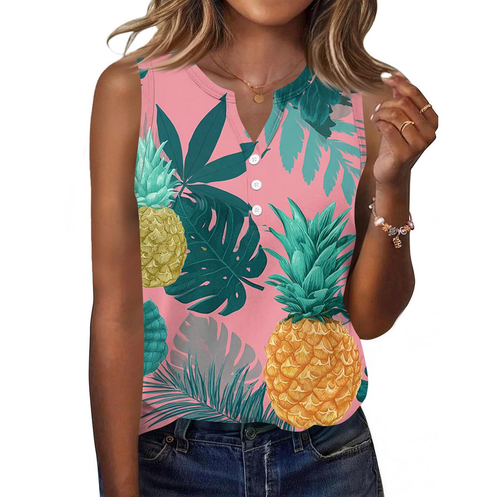 Women's Fashionable Casual Hawaiian Print Sleeveless Button Vest Top