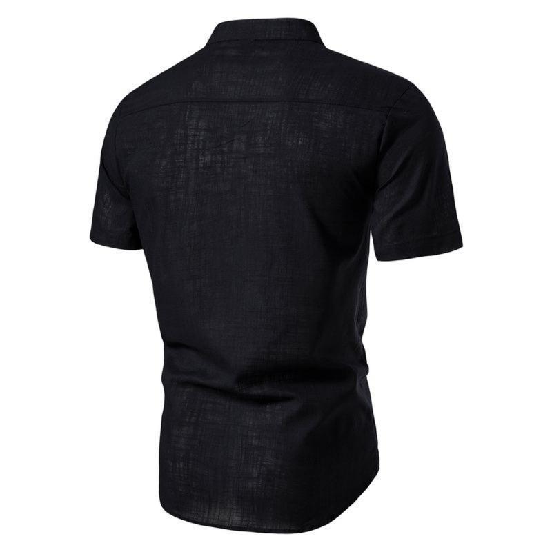 Baumwolle Leinen Herren Kragen Knopf Langarm Tops Sommer Grandad Shirt Bluse T-Shirt