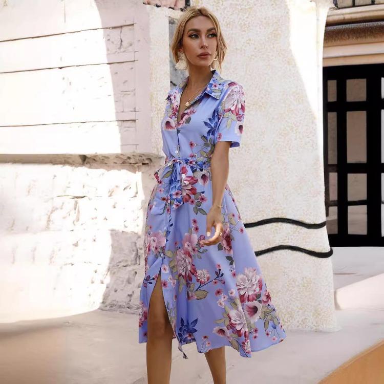 Hohe Taille A-Linie Sommerkleid Damen Schnürung Ethnisch Bedruckt Kurzarm