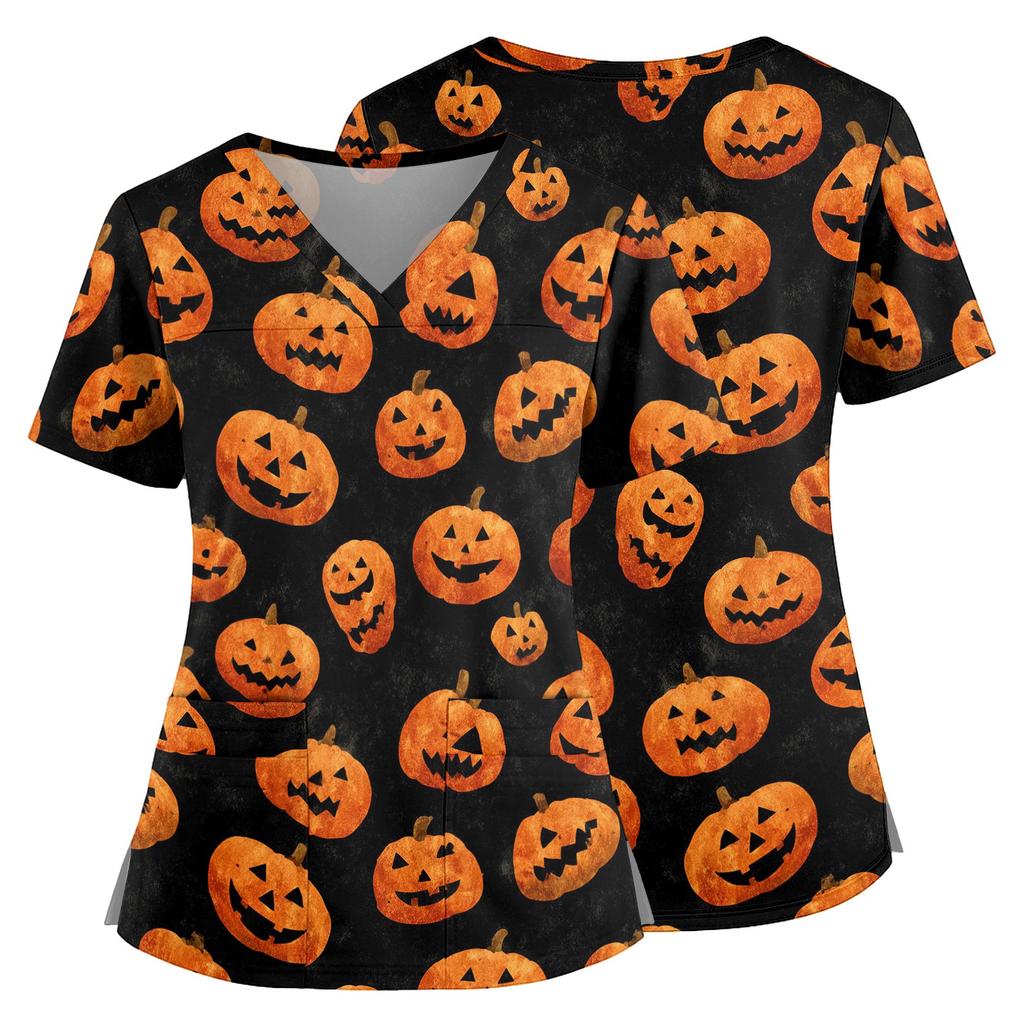Halloween Print V Neck Medical Scrub Top with Pockets Side Slits Short Sleeve Nurse Uniform Shirt for Women