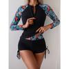 New women's zipper splicing printed long-sleeved boxers split competitive swimsuit