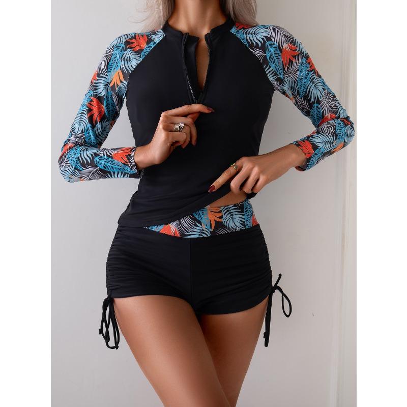 New women's zipper splicing printed long-sleeved boxers split competitive swimsuit
