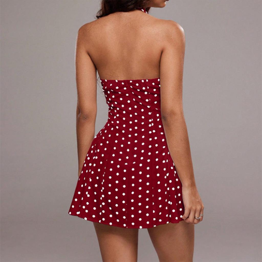 Women's Sleeveless V Neck Polka Dot Print Backless Short Dress Halter Neck Summer Casual Mini Dress