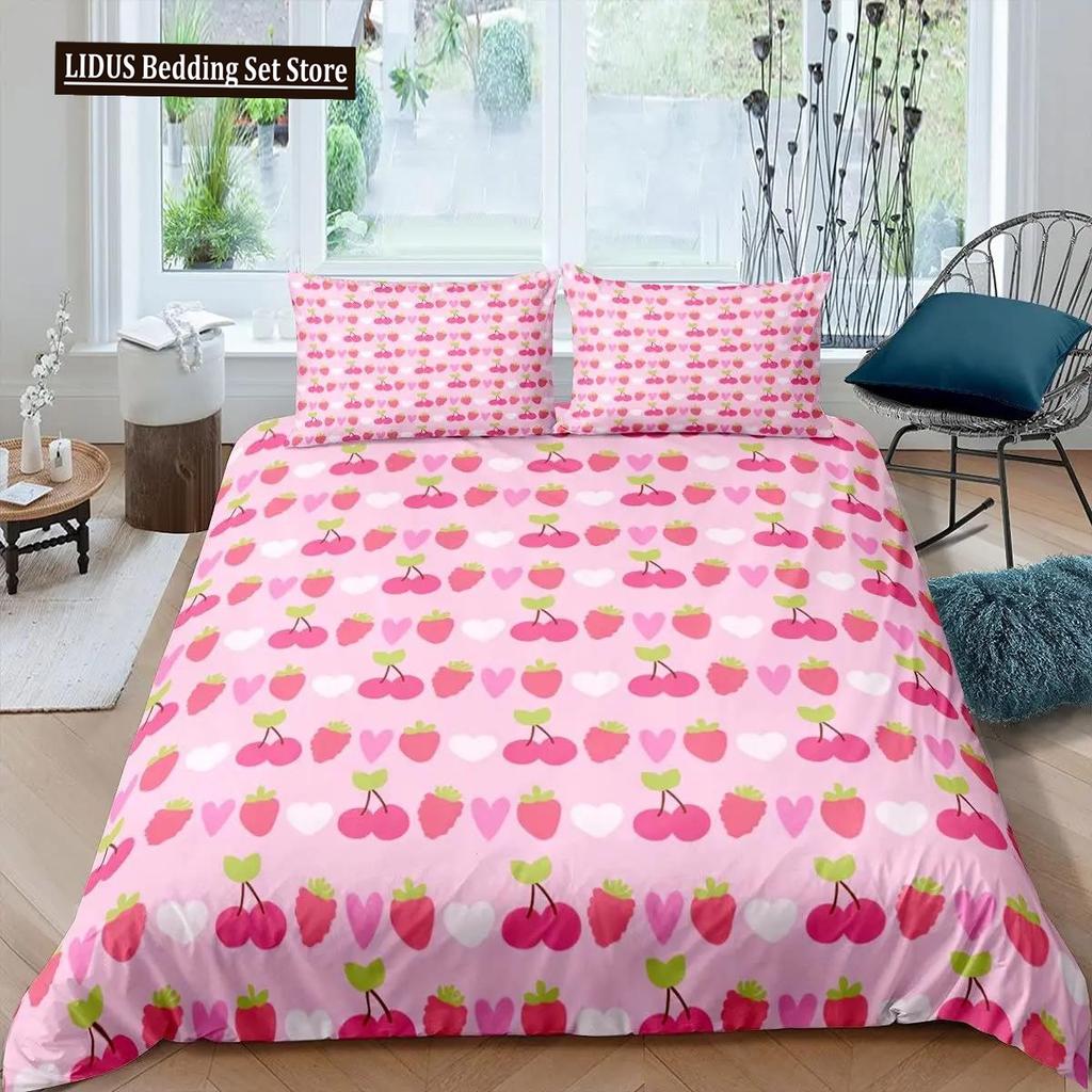 Strawberry Duvet Cover Set Girl King Size Comforter Cover Set Red Strawberry Bedding Set Food Fruit Quilt Cover For Kids Gift