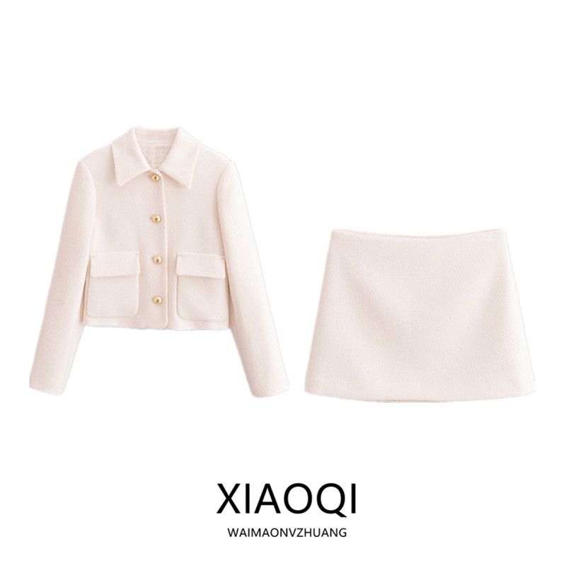 Fashion Style 2024 New Fall Women's Clothing Lapel Long Sleeves Symmetrical Pocket Short Tweed Short Coat Skirt