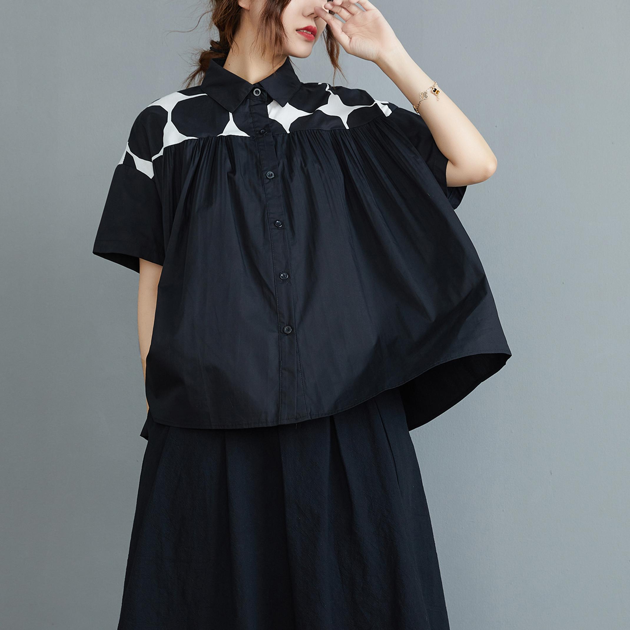 

DIMANAF 2023 Новая блузка больших размеров весенняя женская лоскутная Повседневная свободная базовая короткая блузка с длинными рукавами и пуговицами в горошек XL чёрный