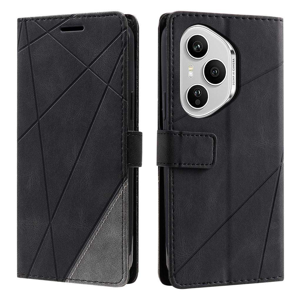 For Honor 400 Pro 5G (Global) Case Imprinted Lines PU Leather Splicing Wallet Phone Cover with Wrist Strap