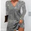 Damen Silber Glitzer Pailletten Tiefes V Langarm Mini Kleid Sexy Elegant Herbst Winter Nachtclub Cocktail Abend Hochzeitsgast Formelles Partykleid