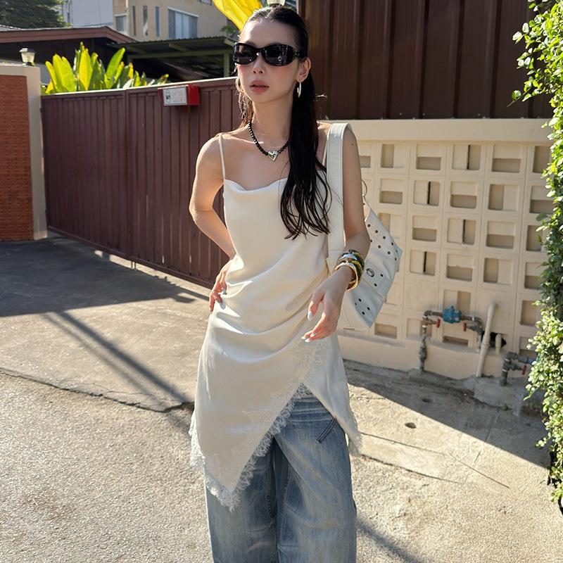 

Irregular Stylish Street-style Lace Slip Dress S білий