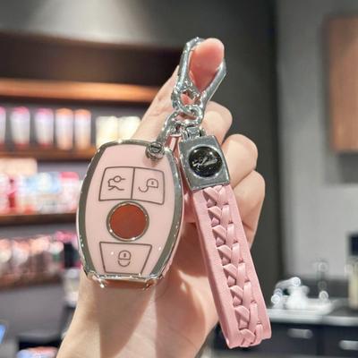 Pink Car Key Fob Case Cover with PU Leather Keychain for Mercedes Benz C E S M CLS CLK G Class Keyless Smart Key Fob Girly