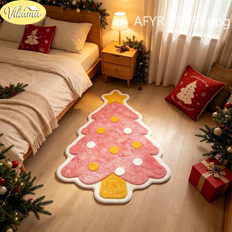 Christmas Pink Tree Ornament Shaped Rug Soft Plush Non Slip Floor Mat for Girls Bedroom Nursery Holiday Home Decor